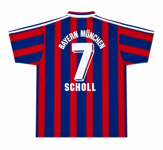 A short-sleeve Bayern München soccer jersey with vertical red and navy blue stripes, featuring the name 'BAYERN MÜNCHEN' and number '7' with player name 'SCHOLL' in white on the back.