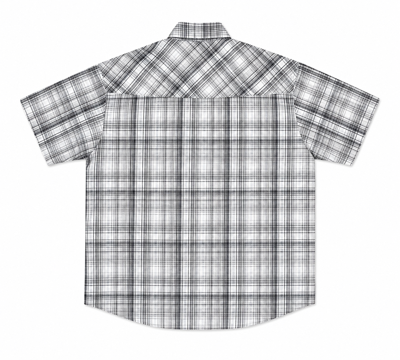 A short-sleeve button-up shirt with a black, white, and gray plaid pattern, shown flat against a white background.