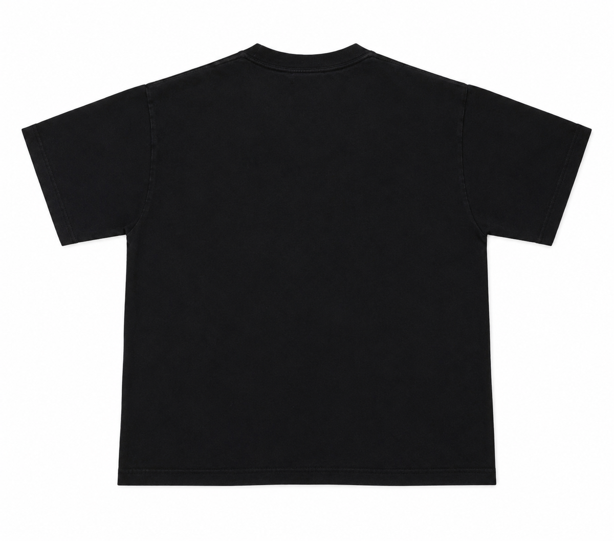 A black short-sleeve crewneck t-shirt shown from the back, laid flat against a solid white background.