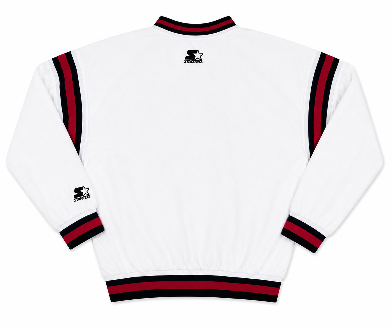 White Starter track jacket shown from the back, featuring black and red striped ribbed collar, cuffs, and hem, with a black Starter logo on the upper back and left sleeve.
