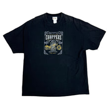 Load image into Gallery viewer, BLACK T-SHIRT WITH GRUMPY CHOPPERS ON THE FRONT AND THERE IS A YELLOW MOTORCYCLE AND GRUMPY STANDING INFRONT OF IT