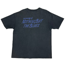 Load image into Gallery viewer, back of shirt says "an evening of nothing but the blues" in blue on black shirt