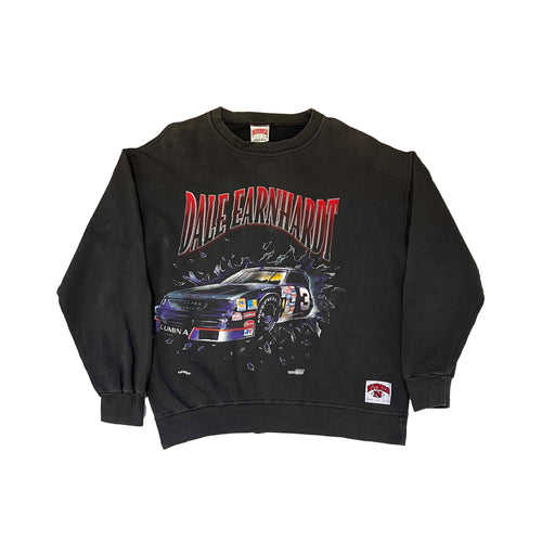 dark grey pullover sweatshirt. dale earnhardt name in red with front of the car smashing through a wall. nutmeg tag at the bottom left.