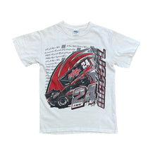 Load image into Gallery viewer, WHITE SHORT SLEEVE SHIRT WITH RACE CAR ON FRONT WITH NUMBER 24 ANDT-MAC WRITTEN ON SIDE