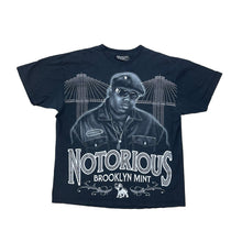 Load image into Gallery viewer, BLACK NOTORIOUS BROOKLYN MINT SHIRT. BIGGIE ON THE FRONT WITH BROOKLYN BRIDGE IN THE BACK GROUND.