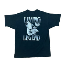 Load image into Gallery viewer, BACK SIDE. LIVING LEGEND IN WHITE LETTERING WITH A WOLF HOWLING AT MOON IN WHITE