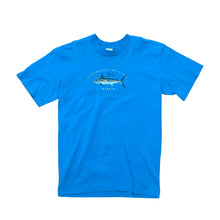 Load image into Gallery viewer, BRIGHT BLUE SHIRT WITH MARLIN ON FRONT SHORT SLEEVE. CARIBBEAN CRUISING.