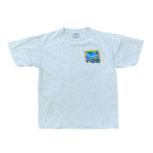 Load image into Gallery viewer, TOP RIGHT CORNER OF FRONT OF SHIRT GRAPHICS. WITH OCEAN AND PALM TREES AND A SPORTS CAR.. SAYS TROPICAL DEGREES FLORIDA