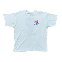 Load image into Gallery viewer, WHITE SHORT SLEEVE SHIRT. SCHLIT IN RED BOX. AND CREW IN BLUE LETTERING. LEFT CHEST SIDE