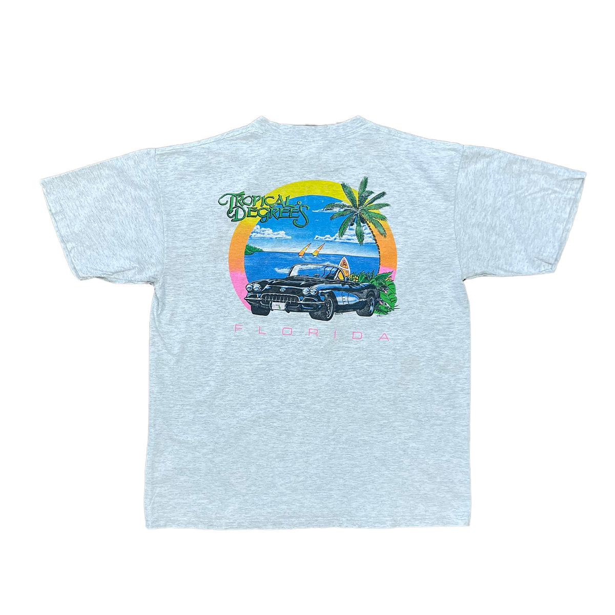 BACK OF SHIRT. OCEAN WITH PALM TREES AND SPORTS CAR IN THE MIDDLE. TROPICAL DEGREES IN GREEN AND FLORIDA IN PINK. HEATHER GREY SHIRT