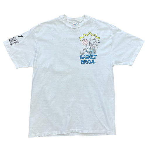 white short sleeve shirt. cartoon on left side of chest with the words basket brawl. with a character that has  a basketball on his finger and sweating.