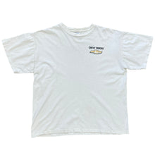 Load image into Gallery viewer, white t short sleeve shirt. with the chevy logo on left side and chevy trucks above it