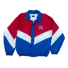 Load image into Gallery viewer, QUILTED WINDBREAKER JACKET USA BASKETBALL WITH RED WHITE AND BLUE. ZIPPER AND BUTTON CLOSURE WITH 2 HAND POCKETS. USA BASKETBALL LOGO ON LEFT CHEST