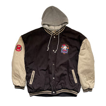Load image into Gallery viewer, MICKEY MOUSE BOMBER JACKET WITH DETACHABLE HOOD. COLOR: BLACK BODY, TAN SLEEVES, GREY HOODIE