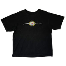 Load image into Gallery viewer, black short sleeve shirt. steelers nfl logo yellow writing around it says pro football hall of fame. steelers legends.