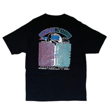 Load image into Gallery viewer, back of the shirt graphic. split colors again. one side is blue and red for the patriots and other side is baby blue and black for the panthers. it's a list of all the players on each team with houston, texas in white at the bottom and the date, sunday february 1, 2004