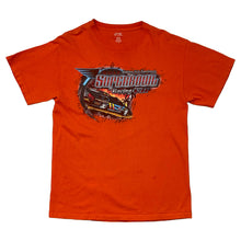 Load image into Gallery viewer, orange short sleeve shirt. graphic of 2011 golden isle speedway superbowl of racing vii. race car on the center.