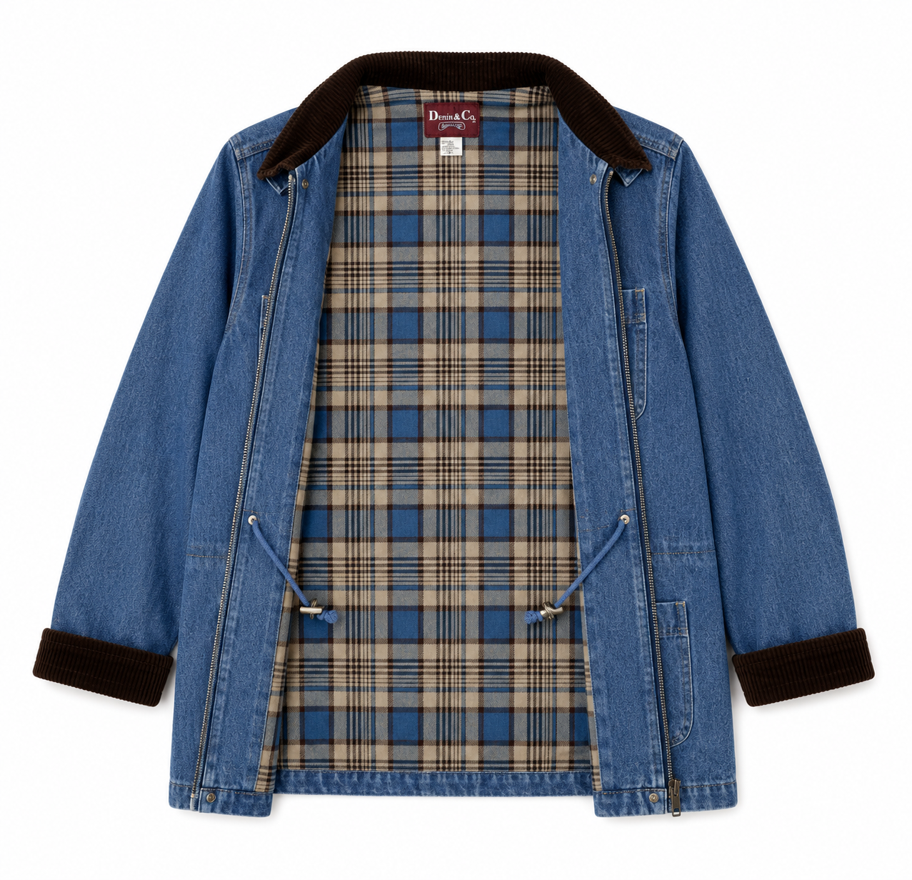 A blue denim jacket with a dark brown corduroy collar and cuffs, featuring a blue, beige, and brown plaid lining, shown against a plain white background.