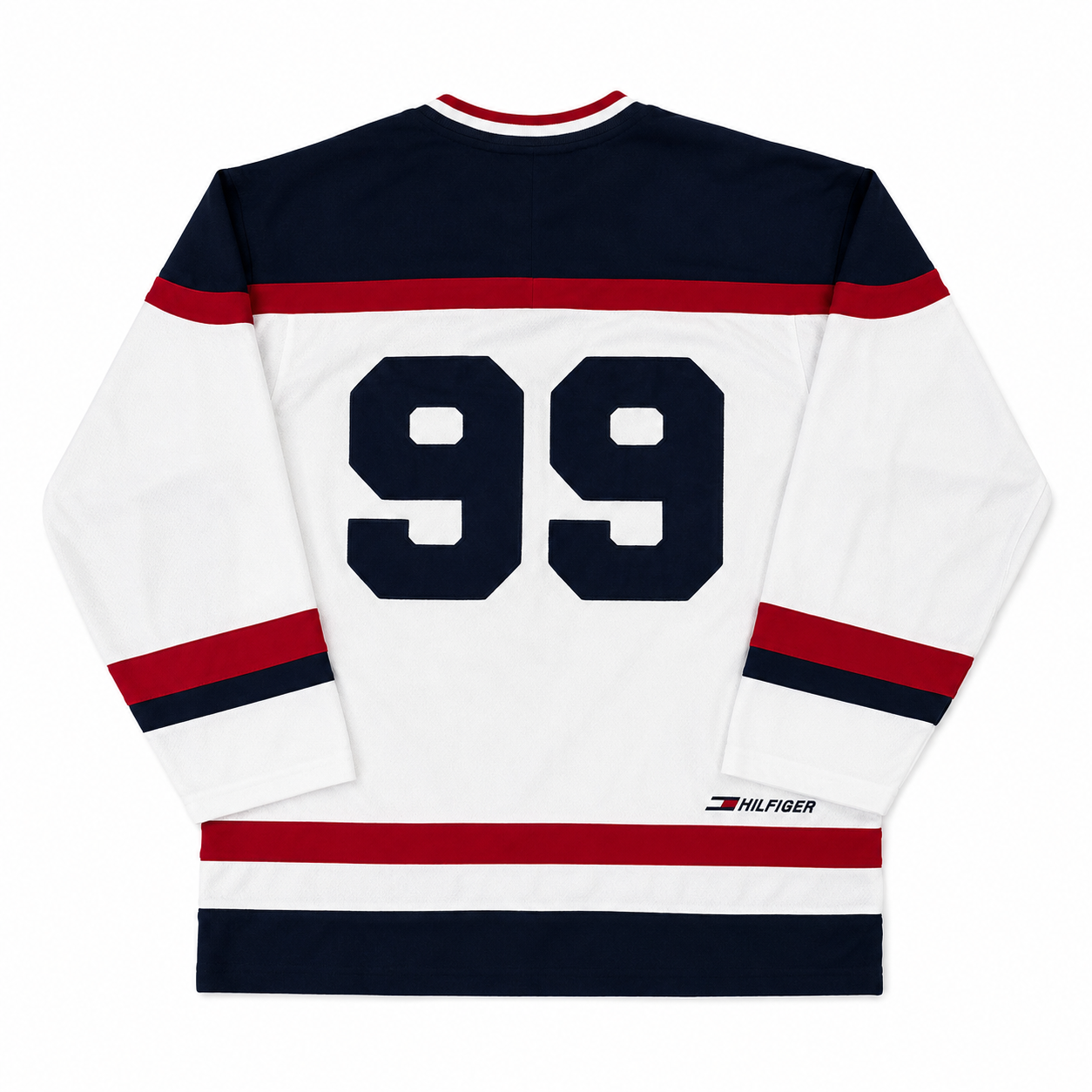 A white long-sleeve hockey jersey with navy blue and red stripes, featuring the number 99 on the back and a small Tommy Hilfiger logo near the lower hem.