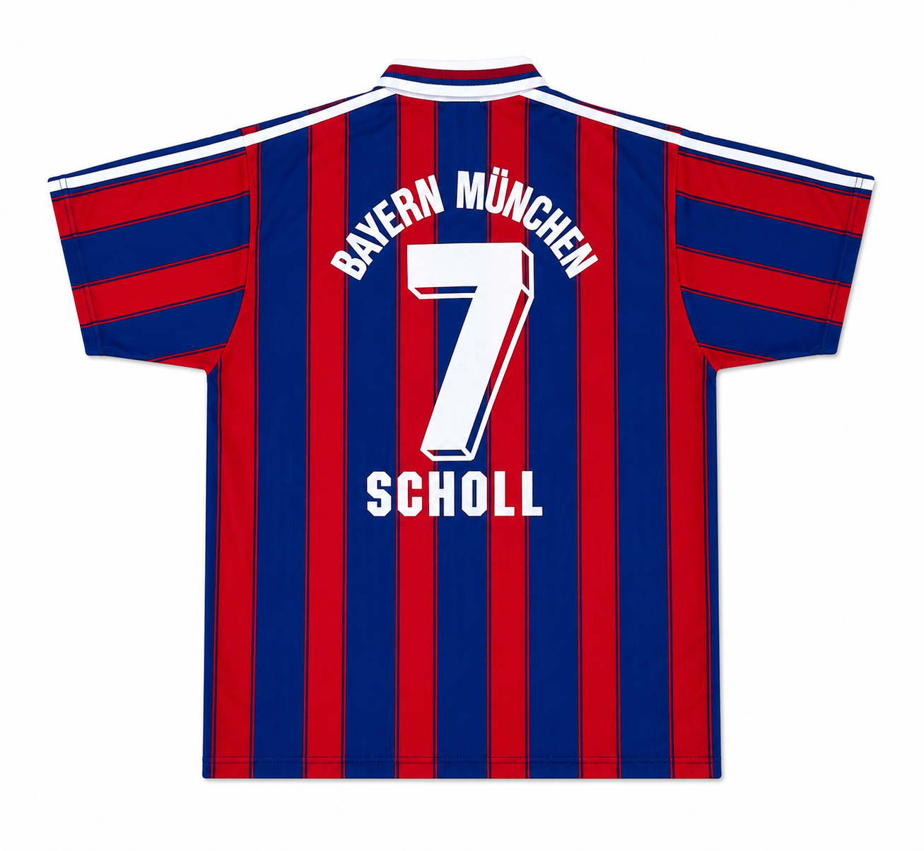 A short-sleeve Bayern München soccer jersey with vertical red and navy blue stripes, featuring the name 'BAYERN MÜNCHEN' and number '7' with player name 'SCHOLL' in white on the back.