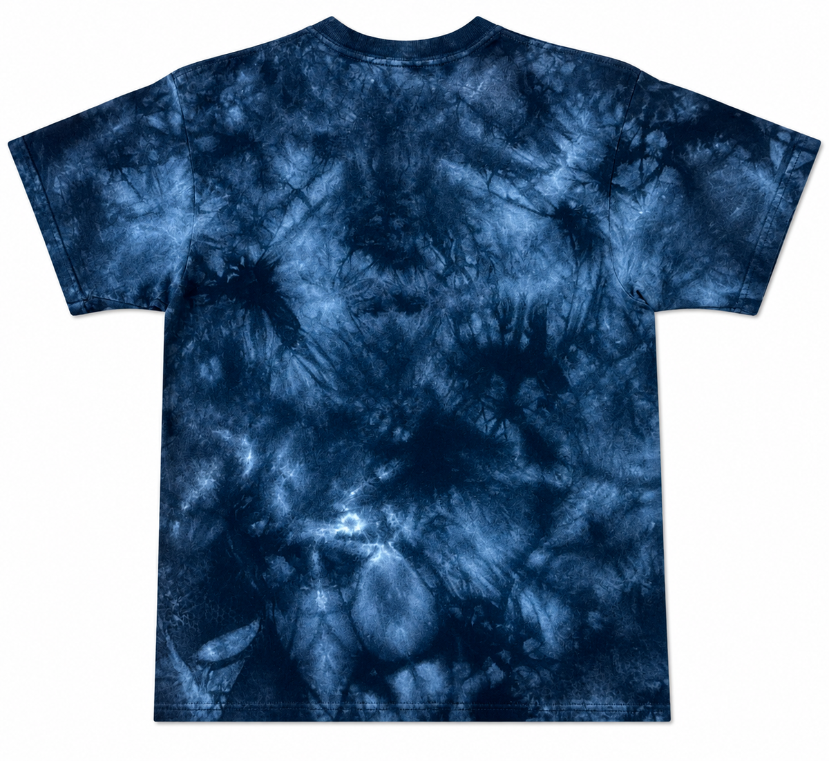A short-sleeve crewneck t-shirt featuring an all-over indigo blue and navy tie-dye pattern, shown flat against a plain white background.