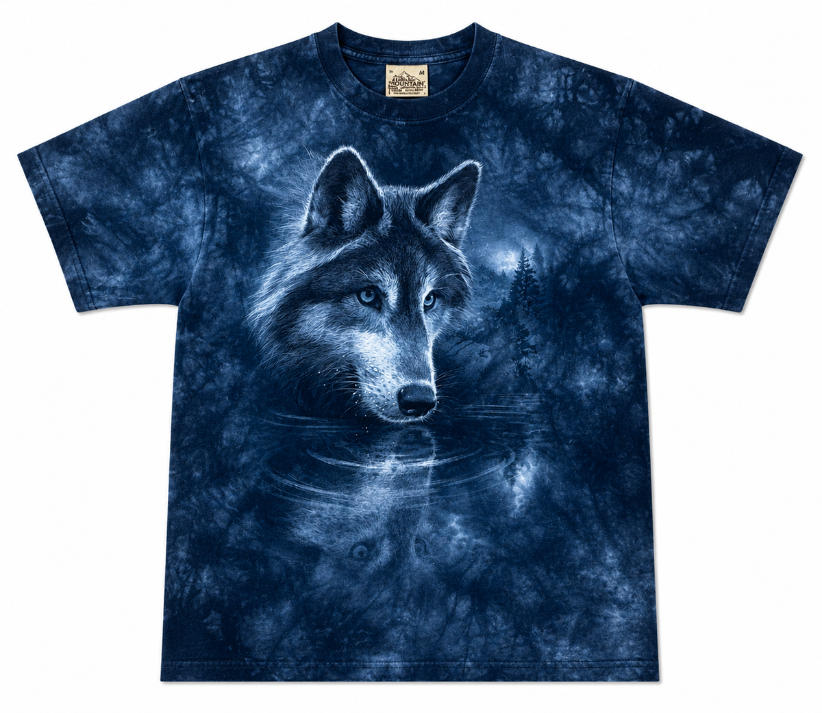 A short-sleeve crewneck t-shirt featuring a blue and white tie-dye pattern with a detailed graphic of a wolf's head above water, shown against a plain white background.