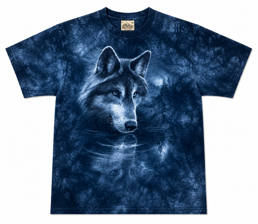A short-sleeve crewneck t-shirt featuring a blue and white tie-dye pattern with a detailed graphic of a wolf's head above water, shown against a plain white background.