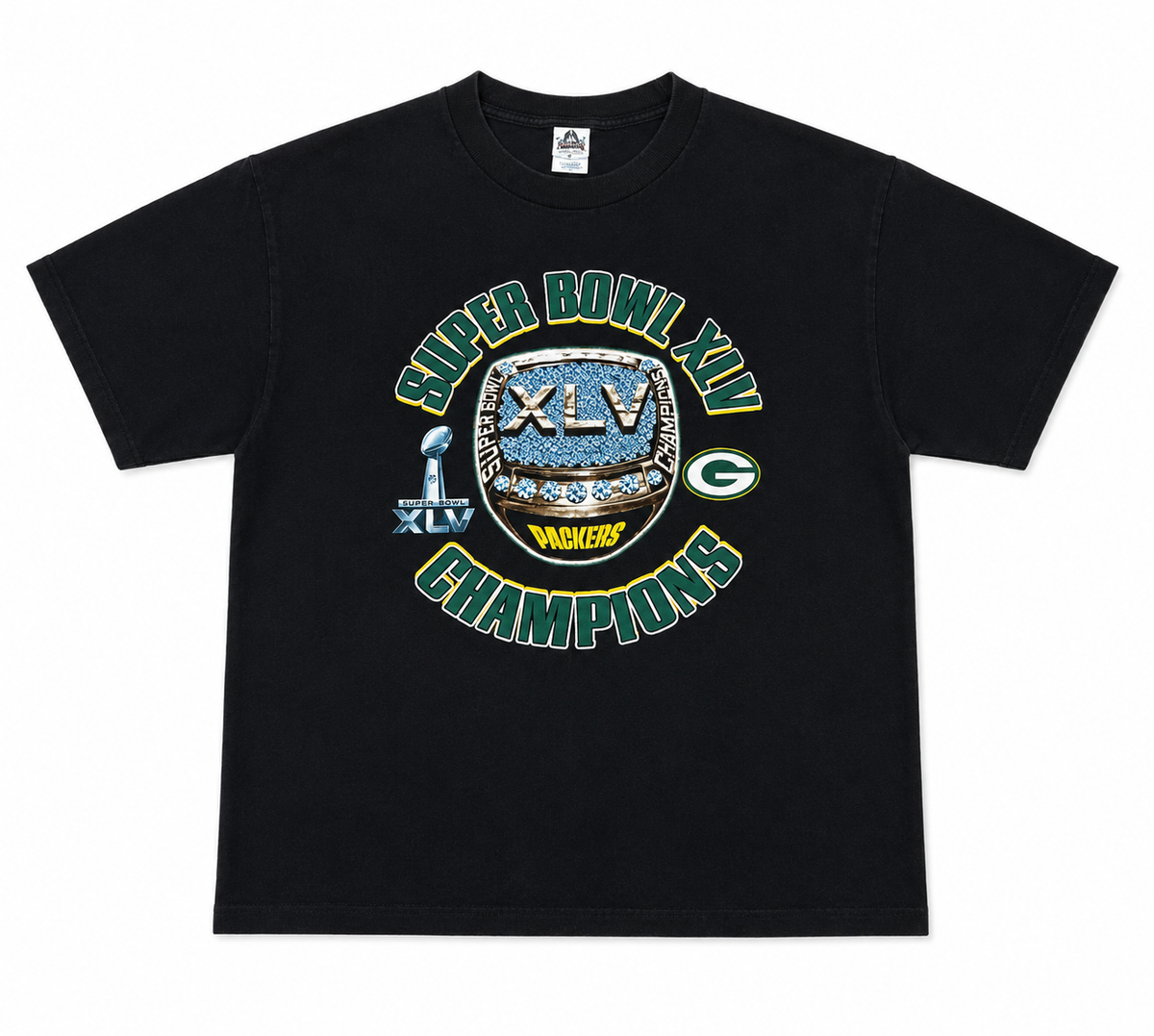 A black short-sleeve crewneck t-shirt featuring a large graphic print for Green Bay Packers Super Bowl XLIV Champions. The graphic includes the Lombardi trophy, the Super Bowl logo, the Packers 'G' logo, and 'SUPER BOWL XLIV CHAMPIONS' in green and gold lettering.