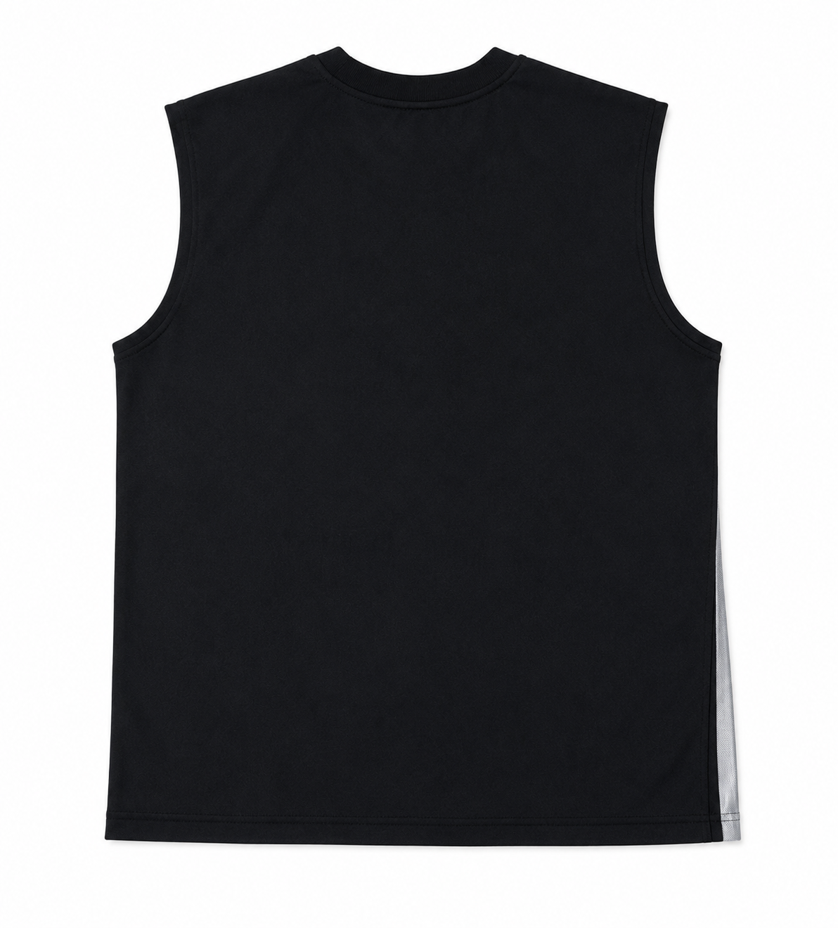 Black sleeveless muscle tank top shown from the back, featuring a crew neck and a light gray vertical stripe detail along the side seam, displayed on a solid white background.