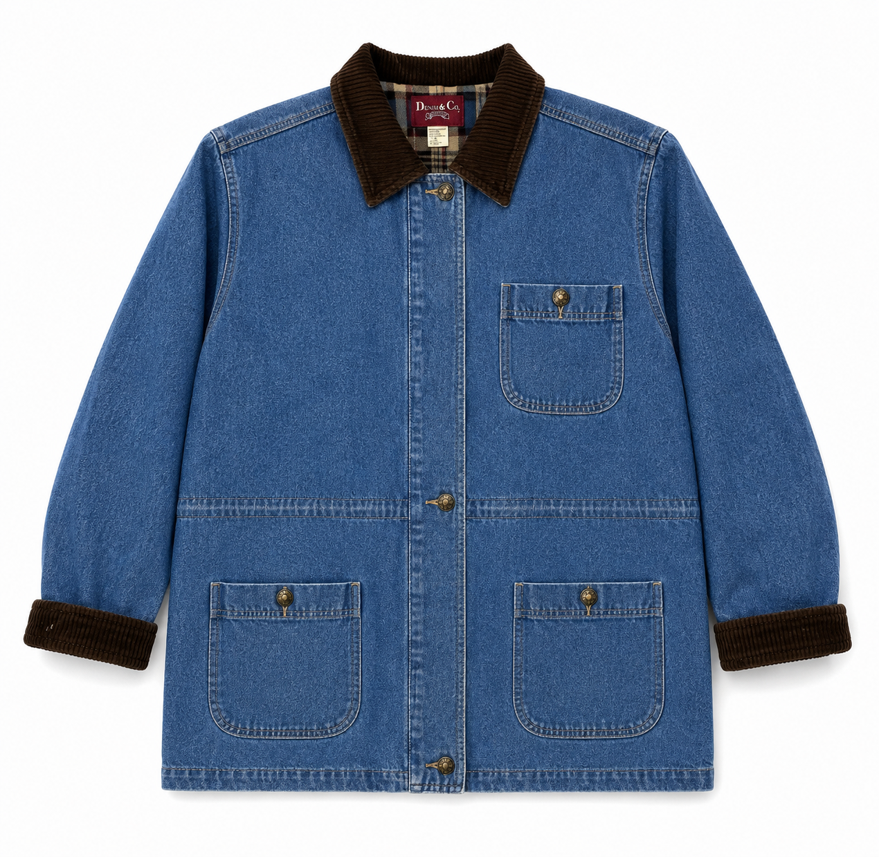 A blue denim work jacket with a brown corduroy collar and cuffs, featuring four front pockets and button closures, shown flat on a white background.