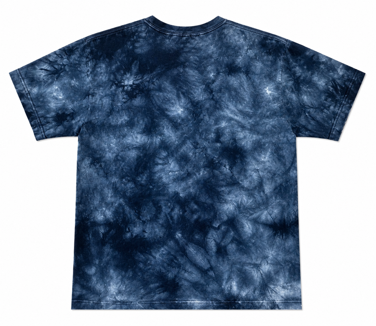 A short-sleeve crewneck t-shirt featuring an all-over navy blue and white tie-dye pattern, shown flat against a solid white background.