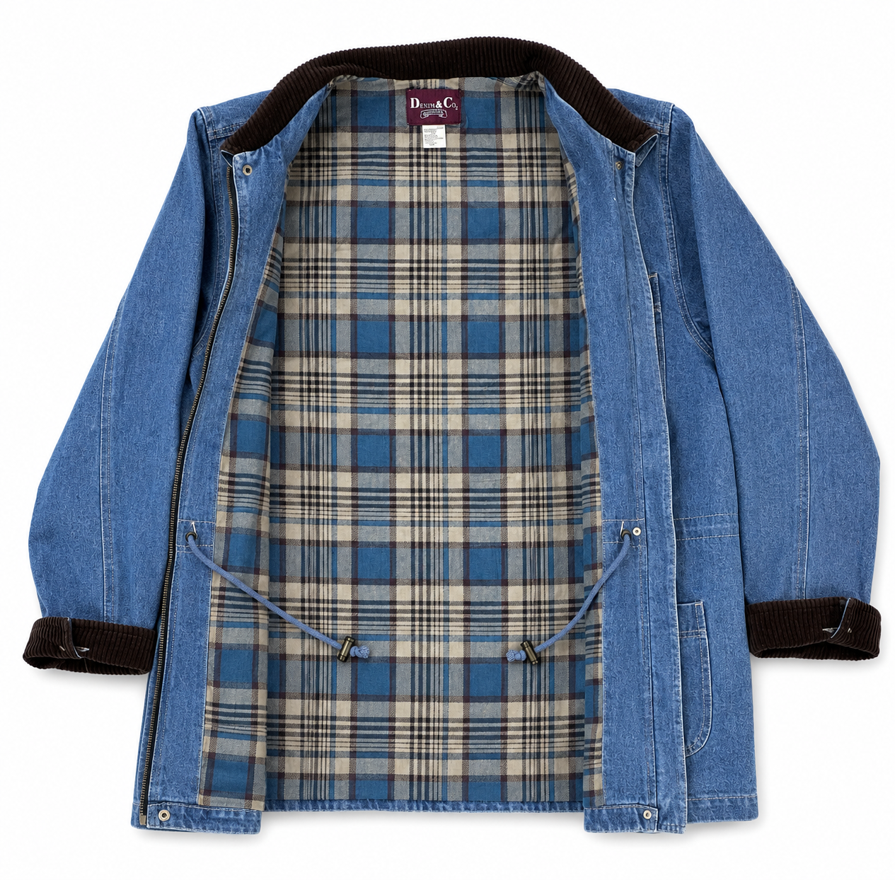 A blue denim jacket with a brown corduroy collar and cuffs, featuring a blue, beige, and white plaid lining, shown flat on a white background.