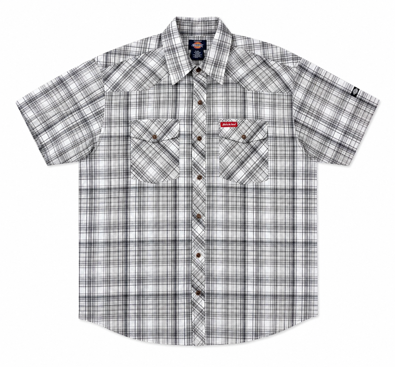 A short-sleeve button-up plaid shirt in white, gray, and black, featuring two buttoned chest pockets and a red Supreme box logo on the left chest.
