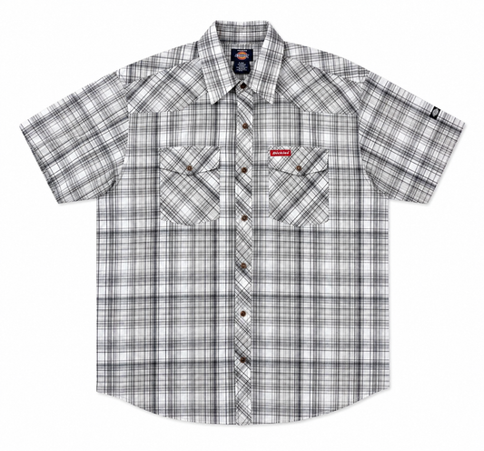 A short-sleeve button-up plaid shirt in white, gray, and black, featuring two buttoned chest pockets and a red Supreme box logo on the left chest.