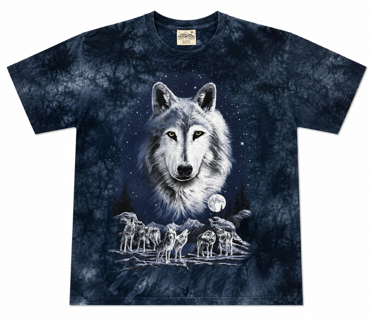 A short-sleeve crewneck t-shirt featuring a dark blue and navy tie-dye pattern with a large graphic print of a wolf and a herd of wolves under a full moon.