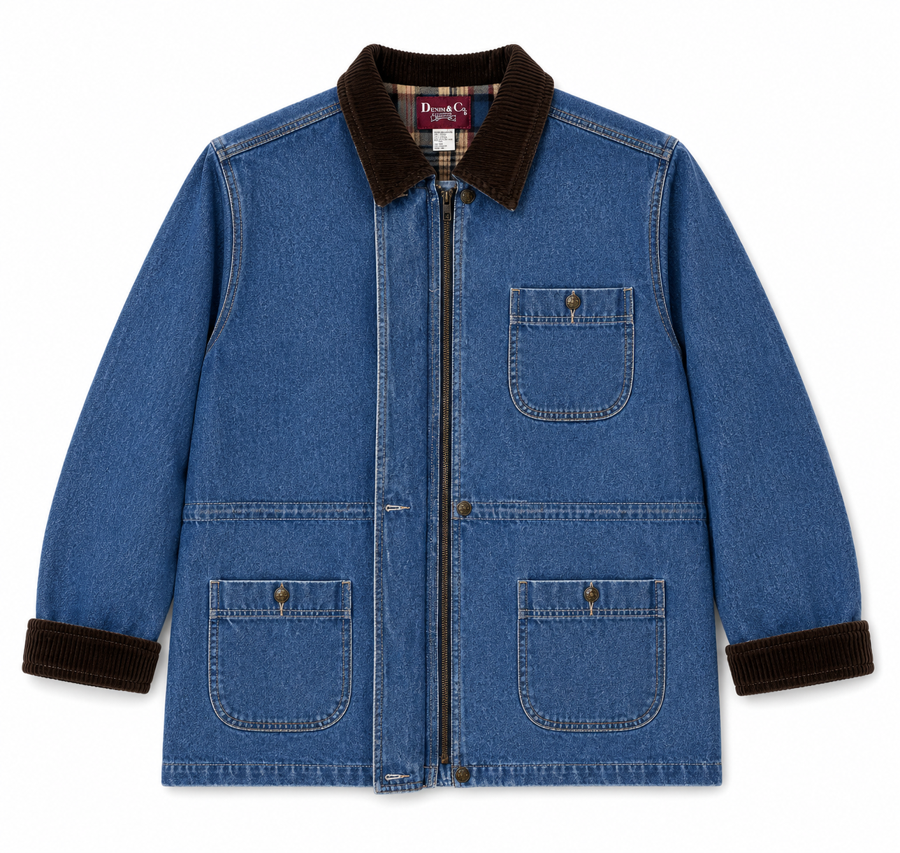 A blue denim utility jacket with a brown corduroy collar and matching corduroy cuff trim, featuring a front zipper, chest pocket, and two large front patch pockets.