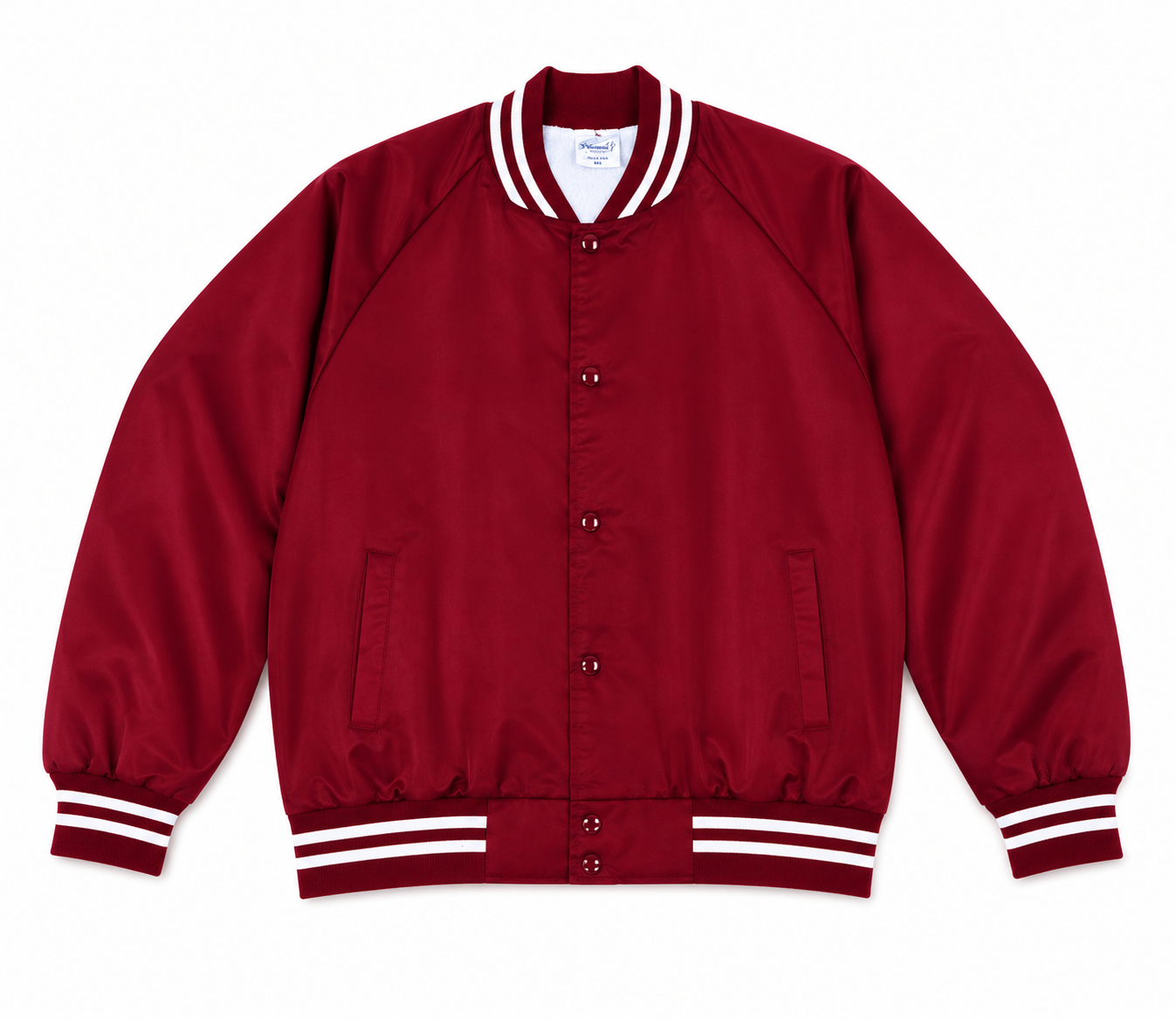 A classic varsity-style jacket in red with white striped ribbing on the collar, cuffs, and hem, and matching white stripes on the front placket.