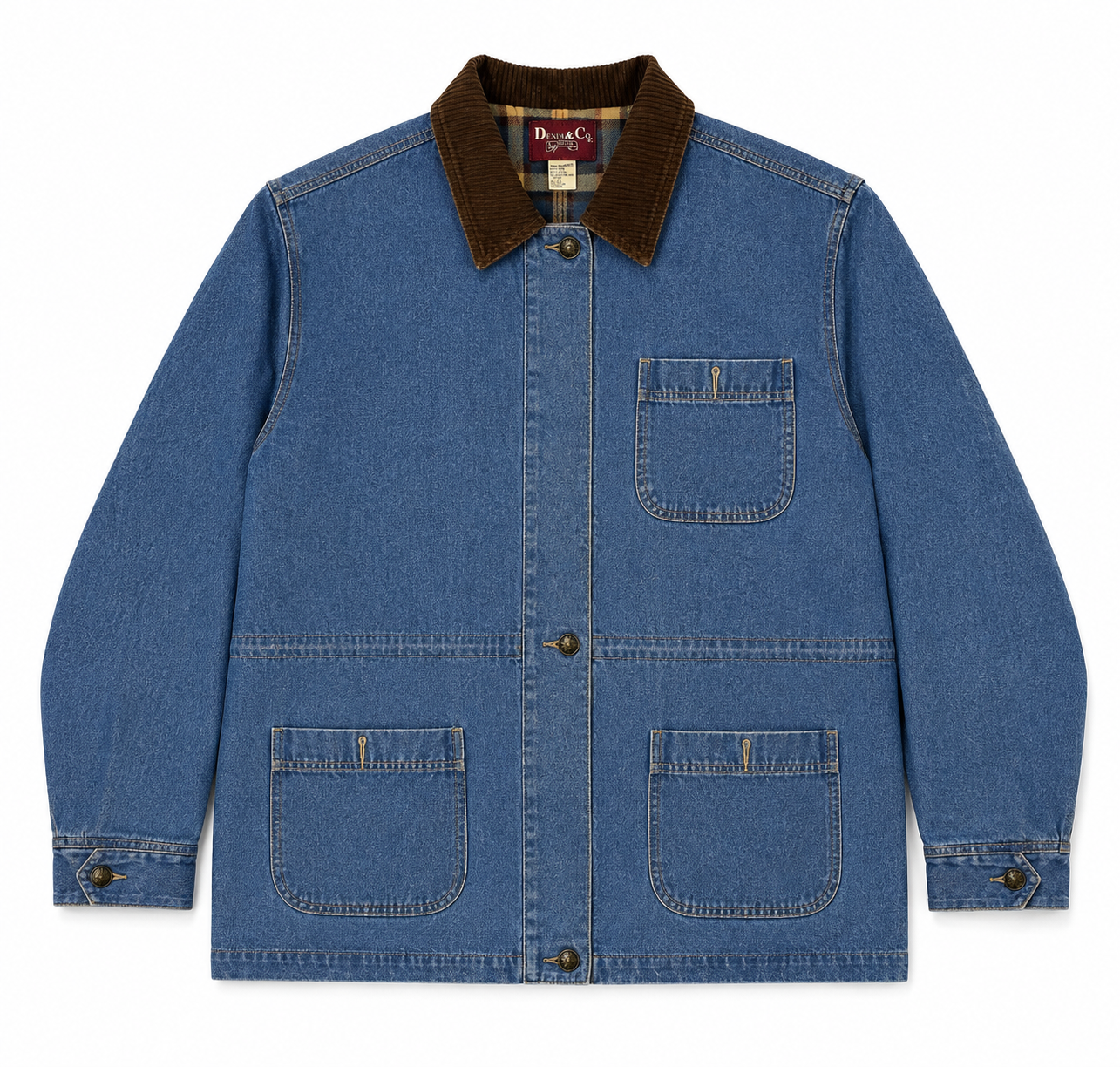A blue denim work jacket with a brown corduroy collar, featuring four front pockets and button closures, laid flat against a white background.
