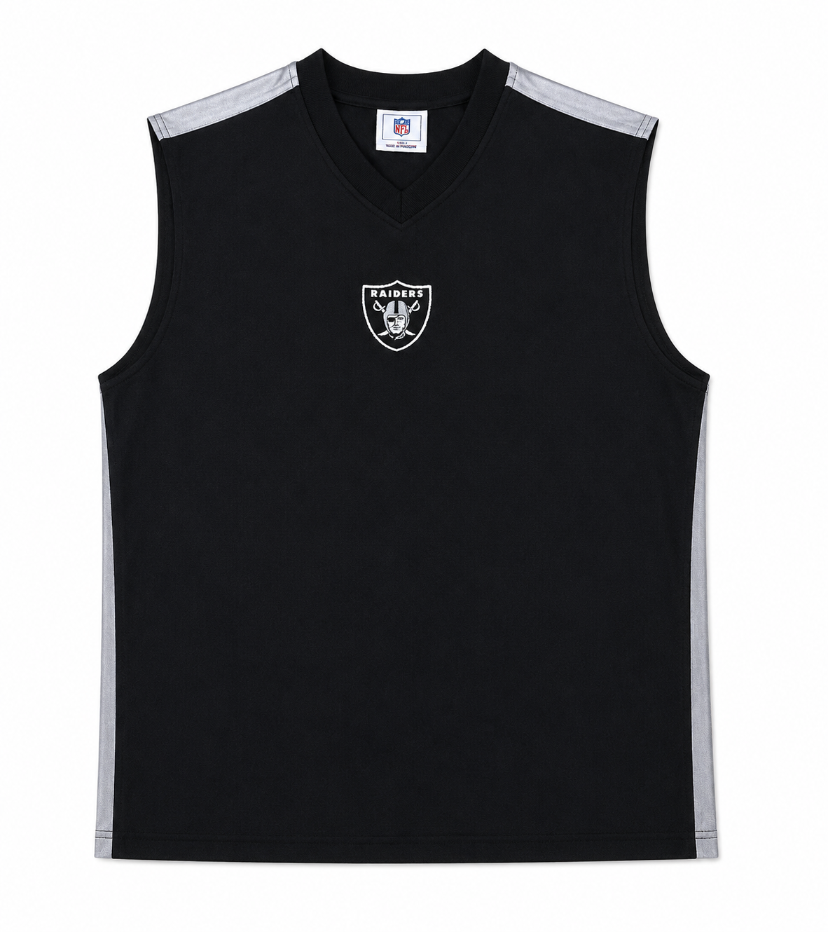 A black sleeveless athletic jersey with a V-neck, featuring silver-gray shoulder and side stripes, and a white and black Oakland Raiders shield logo on the center chest.