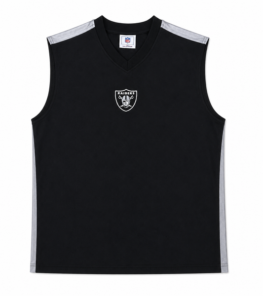 A black sleeveless athletic jersey with a V-neck, featuring silver-gray shoulder and side stripes, and a white and black Oakland Raiders shield logo on the center chest.