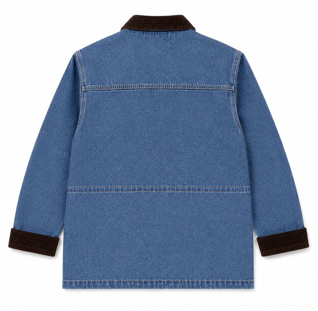 A blue denim jacket shown from the back, featuring dark brown ribbed knit trim at the collar, cuffs, and hem, displayed on a clean white background.