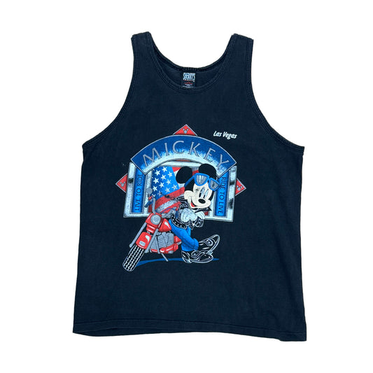 MICKEY MOUSE TANK WITH GRAPHIC OF RED WHITE AND BLUE FLAG AND MICKEY LEANING ON A RED MOTORCYCLE