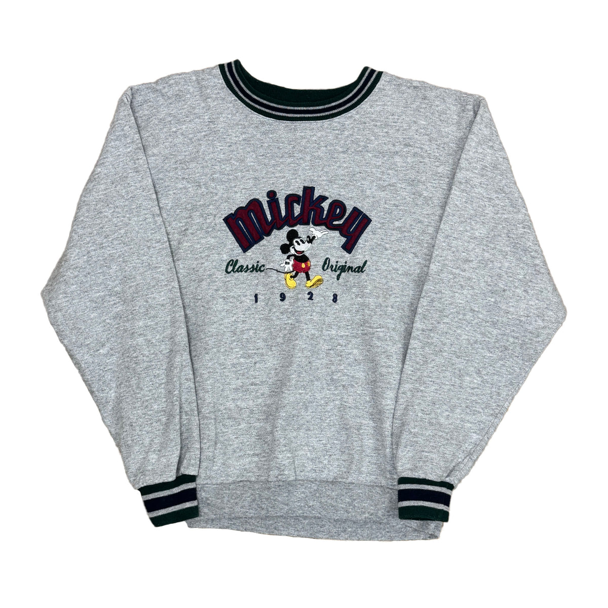 gray crewneck sweatshirt with green and blue striped ribbing. mickey name in red and mickey mouse on the front with classical original of 1928