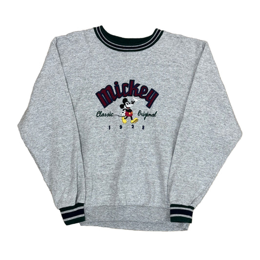 gray crewneck sweatshirt with green and blue striped ribbing. mickey name in red and mickey mouse on the front with classical original of 1928