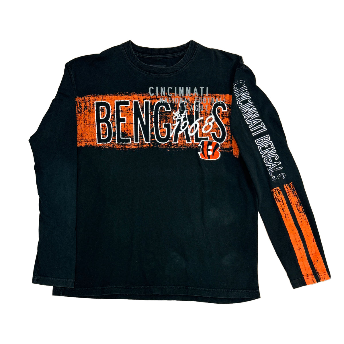 LONG SLEEVE WITH CINCINNATI BENGALS ON LEFT SLEEVE WITH TWO ORANGE STRIPES