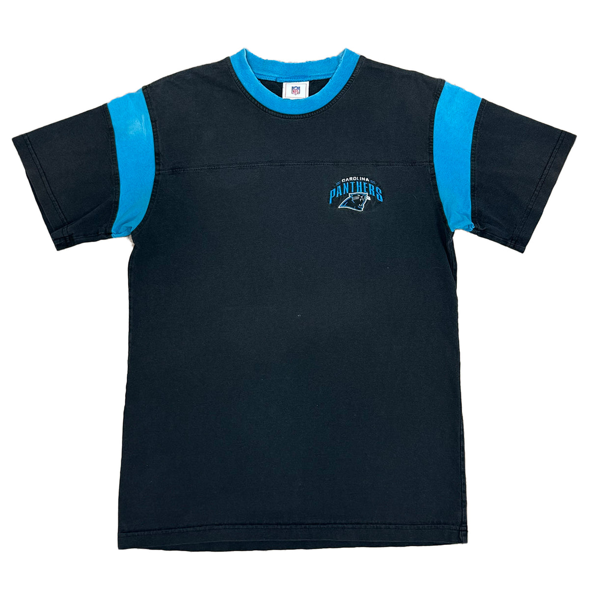 Black t-shirt with blue accents and a logo on a white background