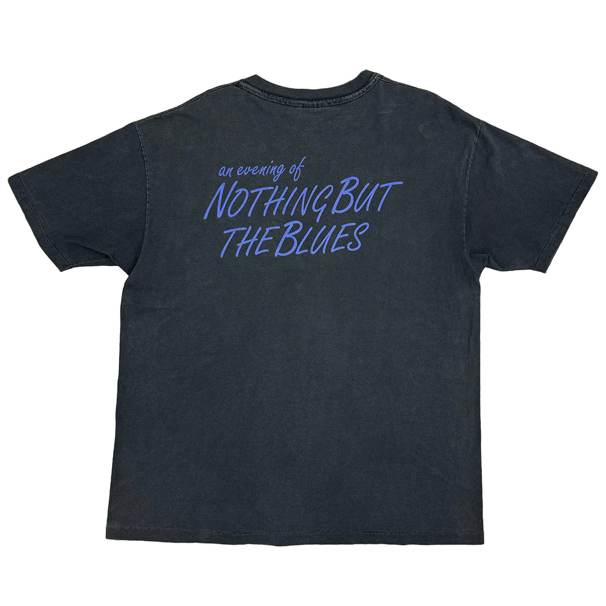 back of shirt says "an evening of nothing but the blues" in blue on black shirt