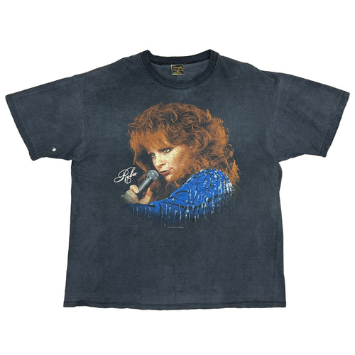 Faded black shirt with reba on the front with reba in cursive.