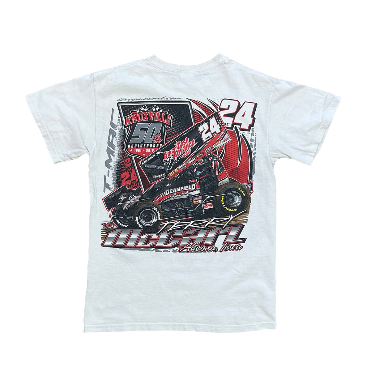 BACK SIDE HAS SPRINT CAR IN BLACK AND RED. TERRY MCCARL WRITTEN AT THE BOTTOM AND T-MAC ON THE LEFT SIDE AND THE NUMBER 24 ON TOP RIGHT