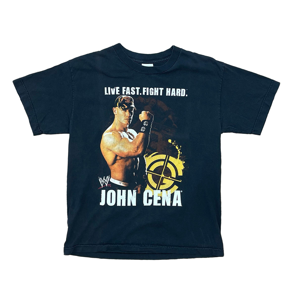 YOUNG JOHN CENA ON FRONT OF BLACK SHIRT WITH THE WORDS "LIVE FAST. FIGHT HARD" AND JOHN CENA NAME AT BOTTOM